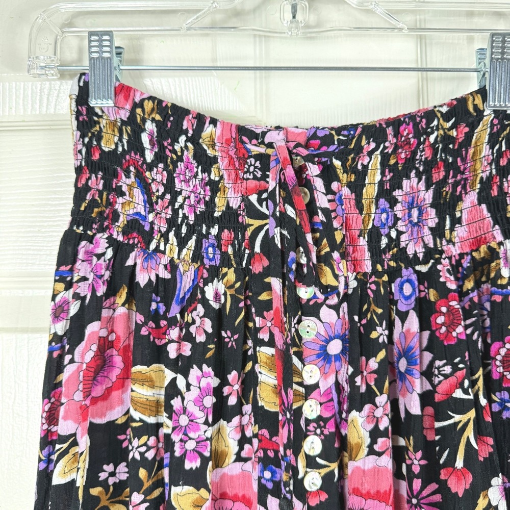 VTG Cynthia Rowley Floral Maxi Skirt Size S Black Pink Tiered Boho Smocked Fairy - Picture 5 of 8